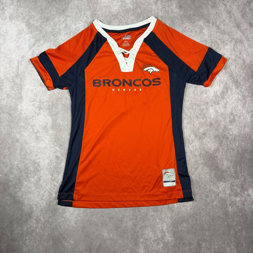 Majestic Denver Broncos Sz S Orange Lace Up Jersey Rhinestone NFL Team Tailgate